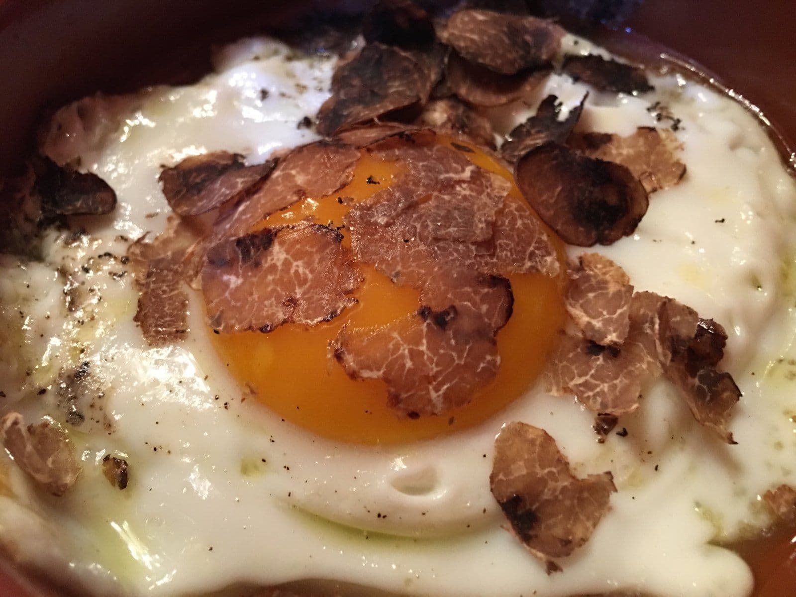 Close-up of a fried egg with a bright yolk, covered in shavings of fresh truffle